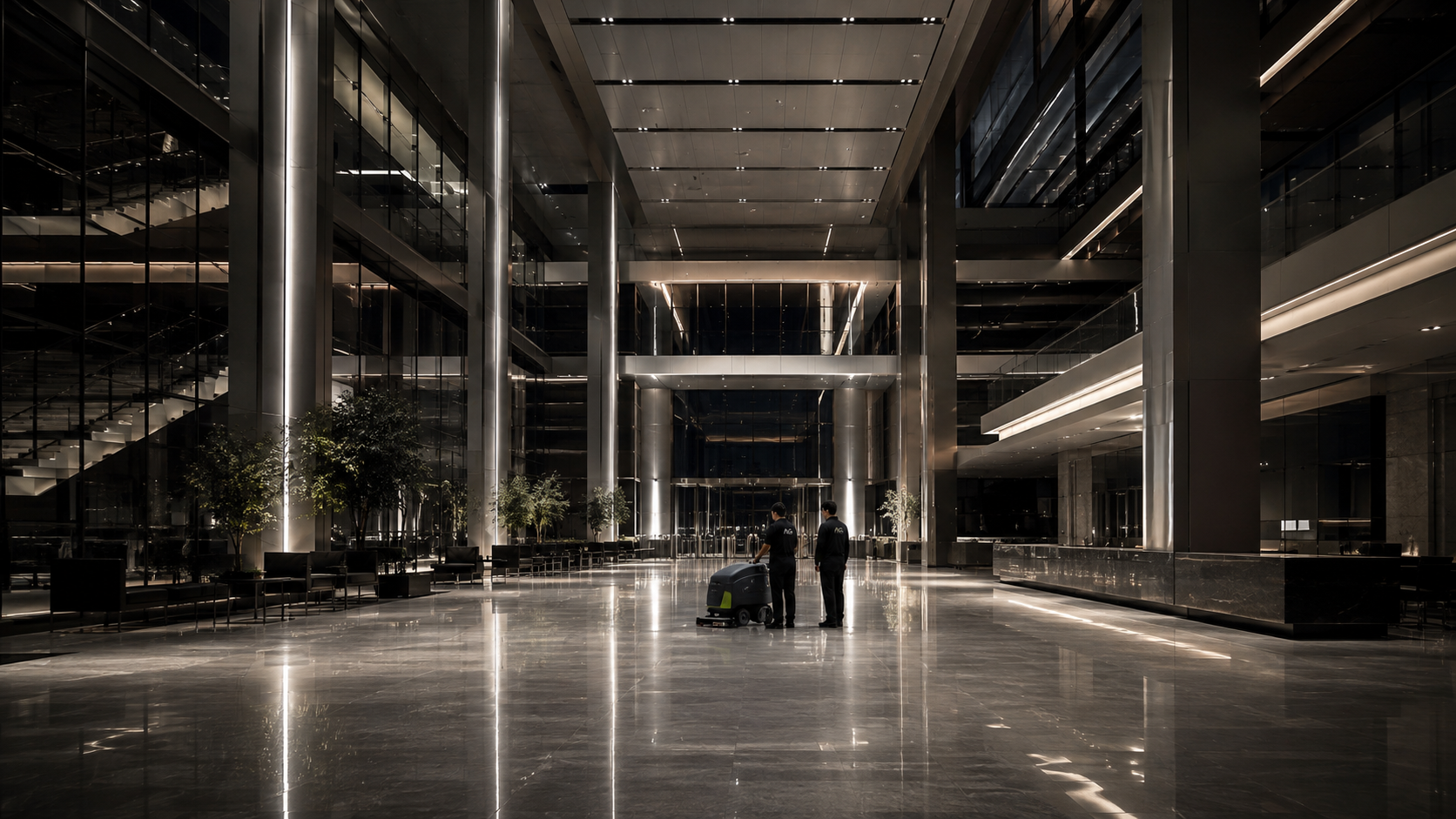 Two Astrid Genesis facility professionals maintaining an expansive modern commercial atrium after hours